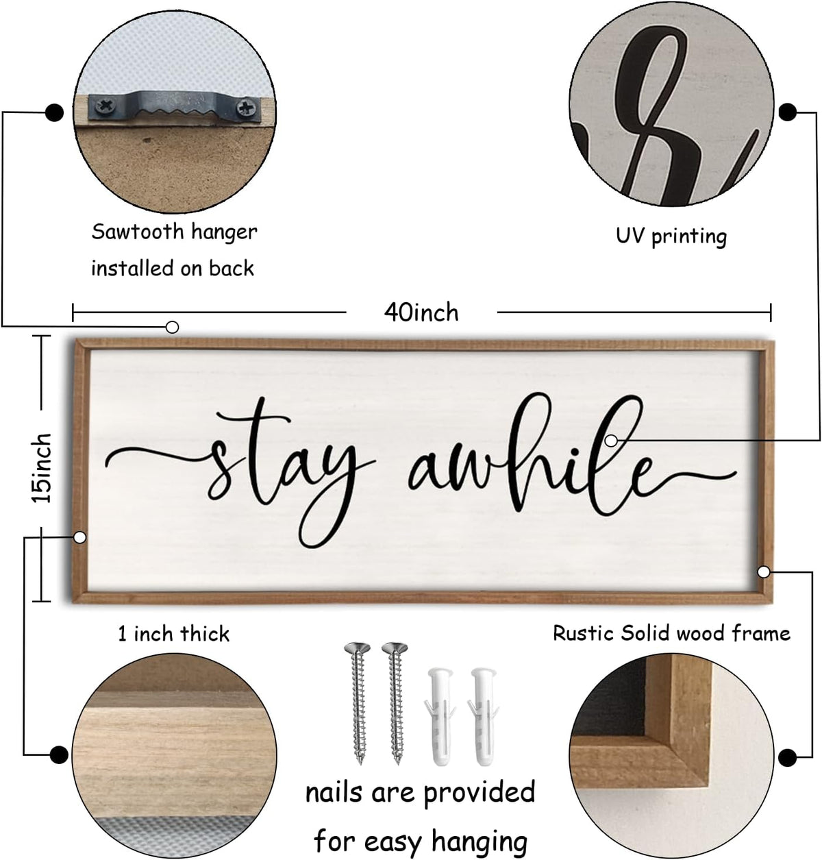 Stay Awhile Sign Wall Decor 40"X15" Large Solid Wood Frame For Hallway Living Room Entryway Farmhouse Wall Art Lets Stay Family Home Rustic Hanging Decoration (Wood)