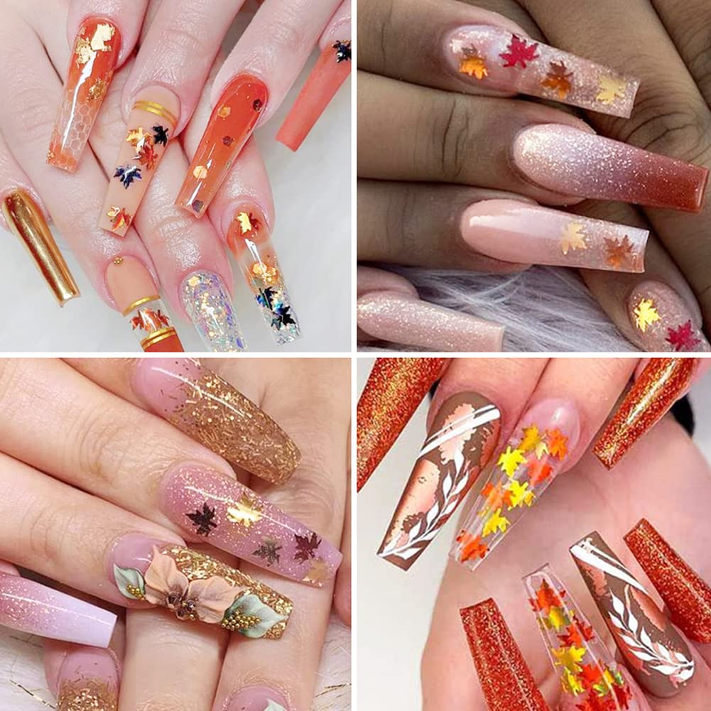 Fall Glitter Nail Sequins Maple Leaf Nail Glitters Flakes Holographic Maple Leaves Nail Glitter Retro Autumn Winter Nail Designs Stickers Decals Nail Decorations Fall Nail Art Tool Accessories 6 Grids