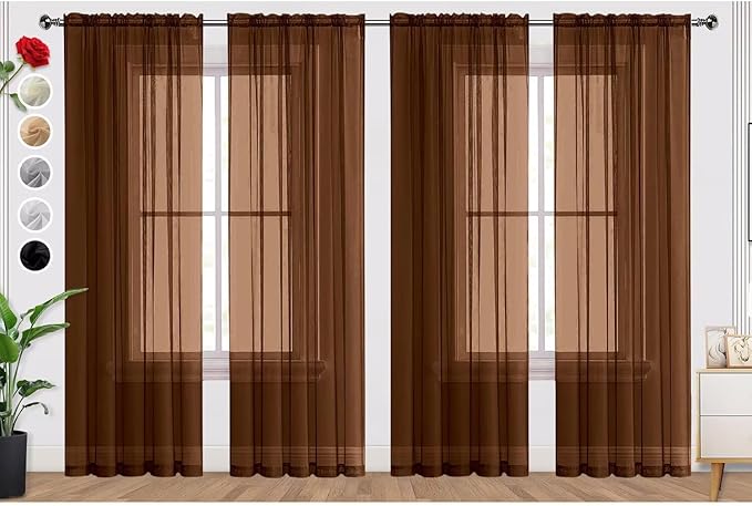 SpaceDresser Brown Sheer Curtains 4 Panels Rod Pocket Semi-Sheer Curtain 45 Inches Long Light Filtering Voile Window Drapes for Bedroom Living Room Kitchen, Each 52W x 45L