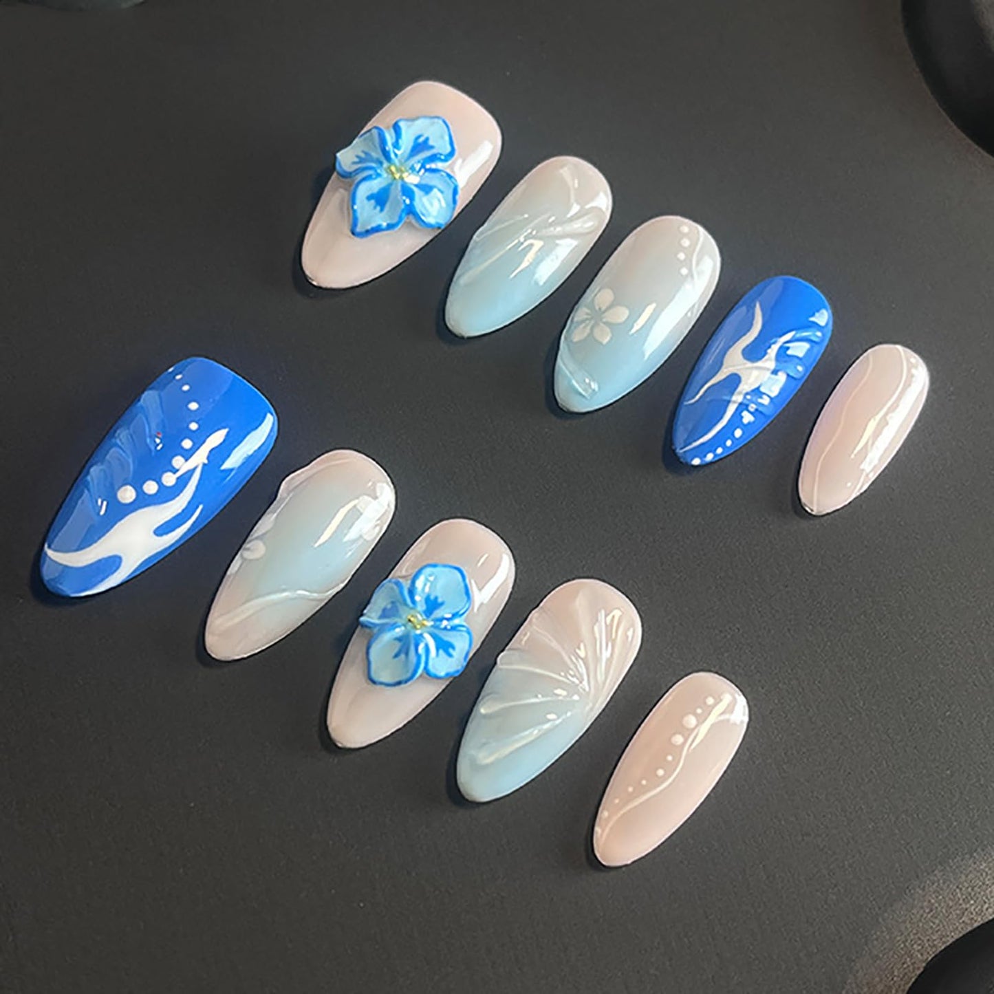 Luxury Press on Nails Medium Almond Handmade 3D Unique Reusable ABS Material Fake Nails Blue False Nails with Designs Blue White Flower Art Petal Glossy Thick Acrylic Nails(S)
