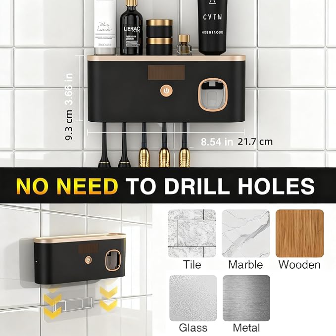 Toothbrush Holders for Bathrooms, Toothbrush Holder Wall Mounted with Toothpaste Dispenser Bathroom Solar Charging and No Drilling Required Tooth Brush Holder with 5 Brush Slots