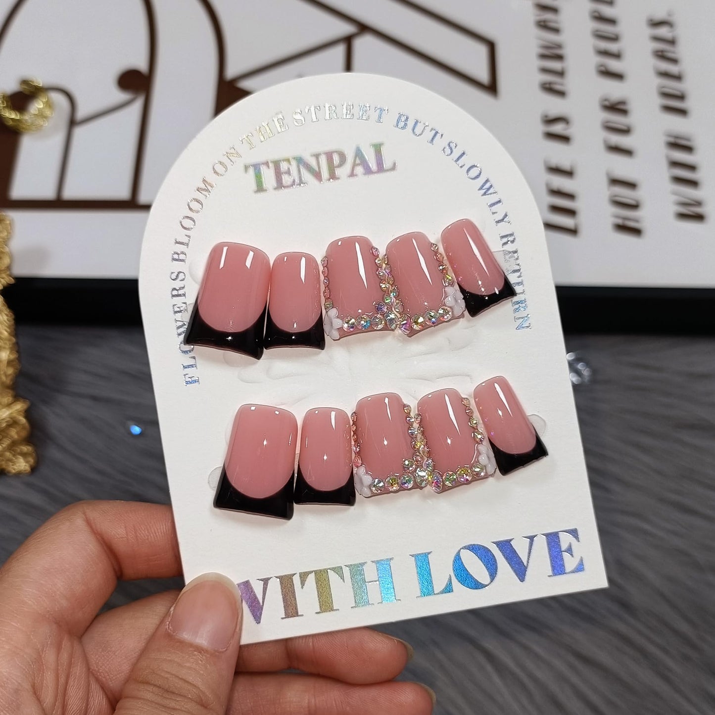 TENPAL Handmade Duck Nails Press on,Pink & Black French Tip Duckbill Tips with Rhinestone Edge,10PCS Glossy Glue on Nails Kit,Glitter Acrylic False Nails with Design,Y2K Punk Fake Nail for Women(S)
