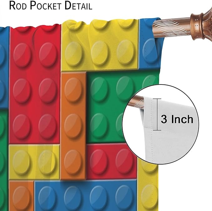 Building Block Toy Curtain Rod Pocket Children's Nursery Abstract Outline Colorful Toy Cartoon Theme Brick Geometric Print Curtain, Blackout Curtain for Boys and Girls Room 42x63in