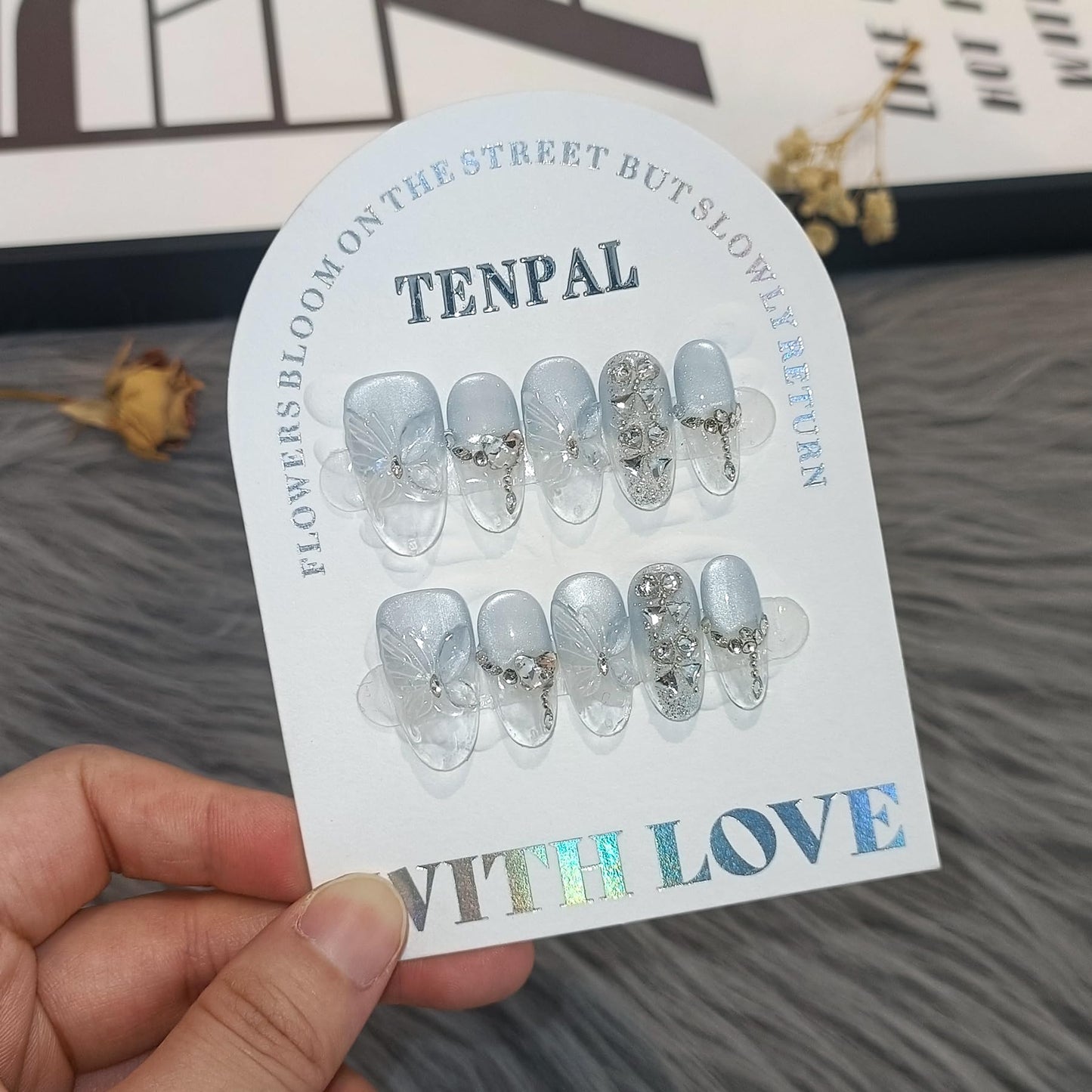 TENPAL Cat Eye Press on Nails 10Pcs Full Kit - Short Oval Icy Ocean Gradient False Nails, 3D Butterfly Rhinestone Spring Summer Fake Nails, Ethereal Glue on Nails for Girls Glitter Shimmer Design(M)