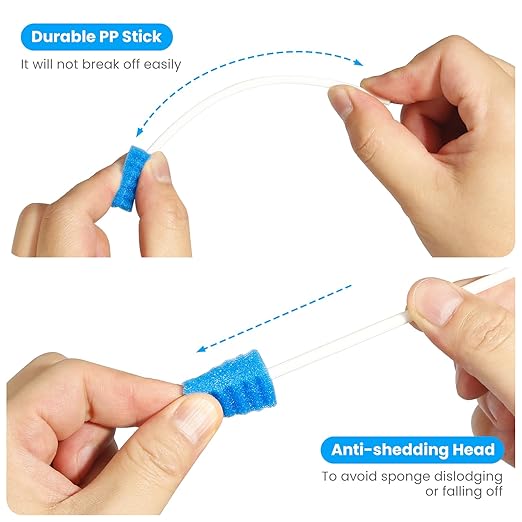 Oral Swabs Disposable 200 Count – Longer Handle Medical-Grade Sponge Mouth Swabsticks, Individually Wrapped - Latex-Free, Non-Abrasive Oral Sponge Swabs for Elderly, Home & Hospital Use (Blue)