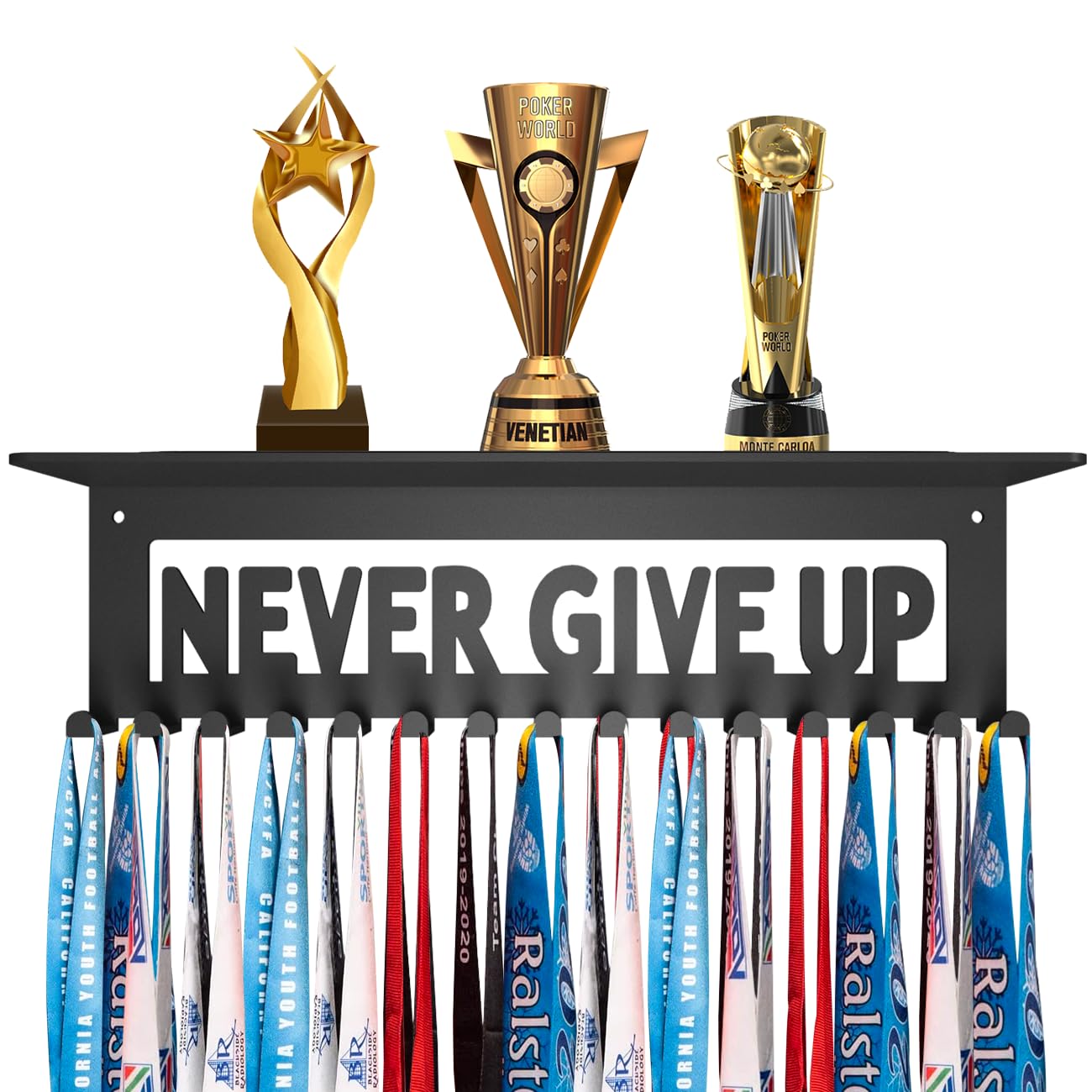 Dafftos Medal Trophy Shelf Hanger Display with Hooks for Medals Race Ribbon Holder Organizer Award Bib Rack Hanging Storage Award Holders Metal Never Give UP