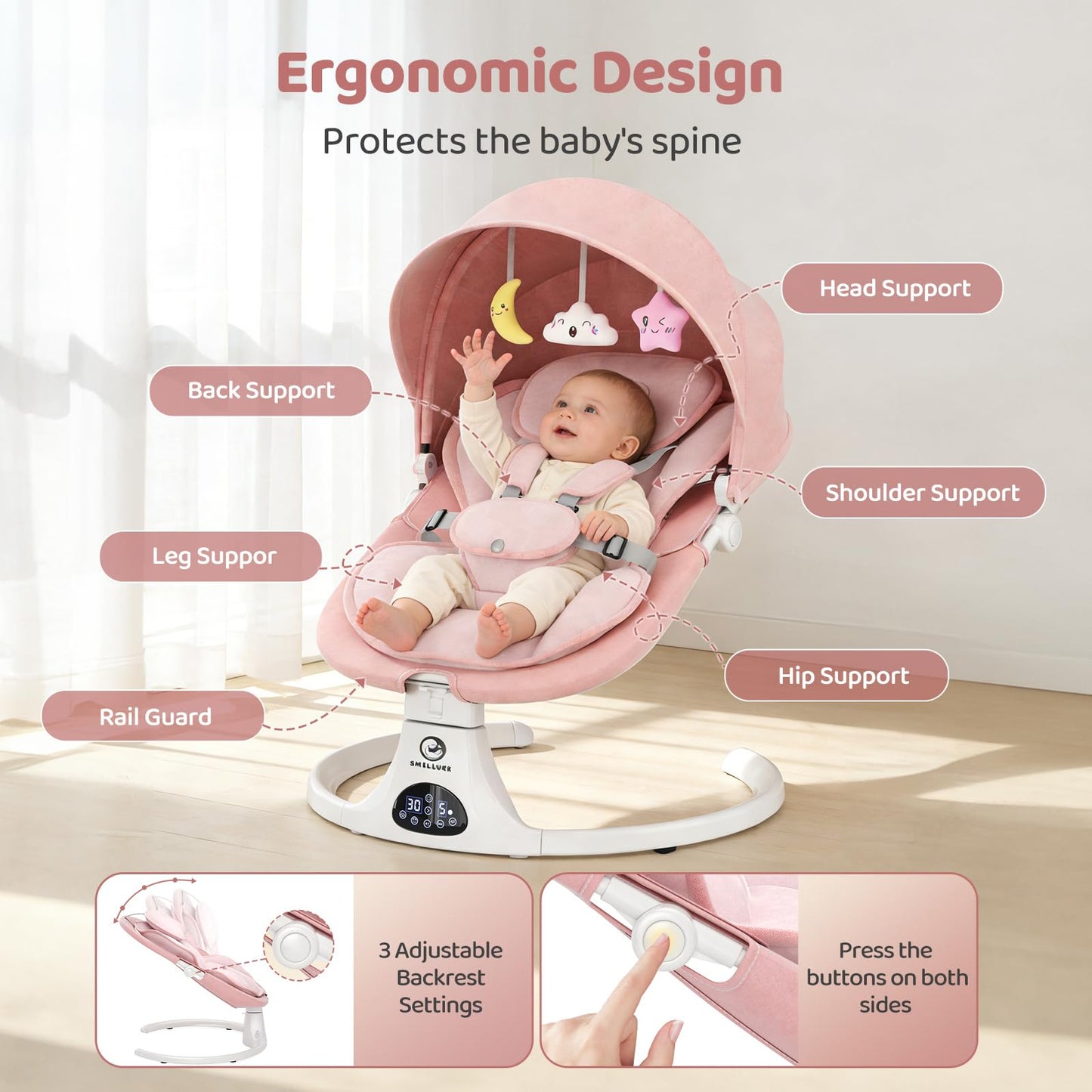 Baby Swings for Infants, Smelluck Baby Swing, Portable Electric Swing with Upgraded 3 Adjustable Backrest, 12 Preset Melodies, 5 Speeds, Remote Control and Bluetooth, Indoor and Outdoor Use