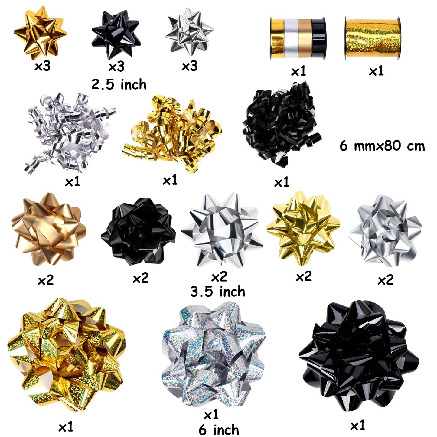 CHOIEO 27 PCS Luxury Gift Bows and Curling Ribbon Set - Large Assorted Self-Adhesive Bows & Gift Wrap Ribbons in Metallic & Glitter Finishes Party Decoration (Black & Gold)
