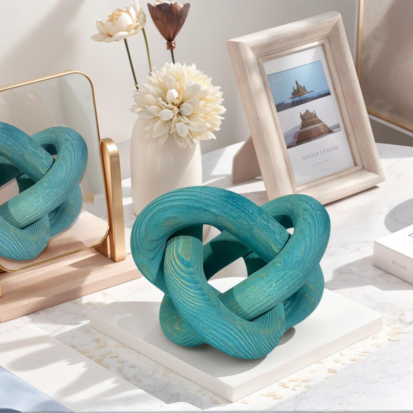 GUDAGUU Wood Knot Decor -Coffee Table Decor Shelf Decor Table Books Hand Carved Home Decoration Boho Country Rustic Modern Shabby Chic Style 3 Link Wooden Knot Chain Link Decor (Blue)