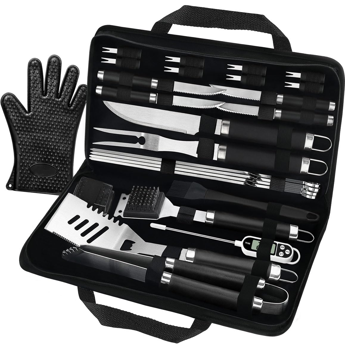 POLIGO 26 PCS BBQ Grill Accessories Stainless Steel BBQ Tools Grilling Tools Set with Storage Bag for Fathers Day Dads Birthday Presents - Camping Grill Utensils Set Ideal Grilling Gifts for Men Black