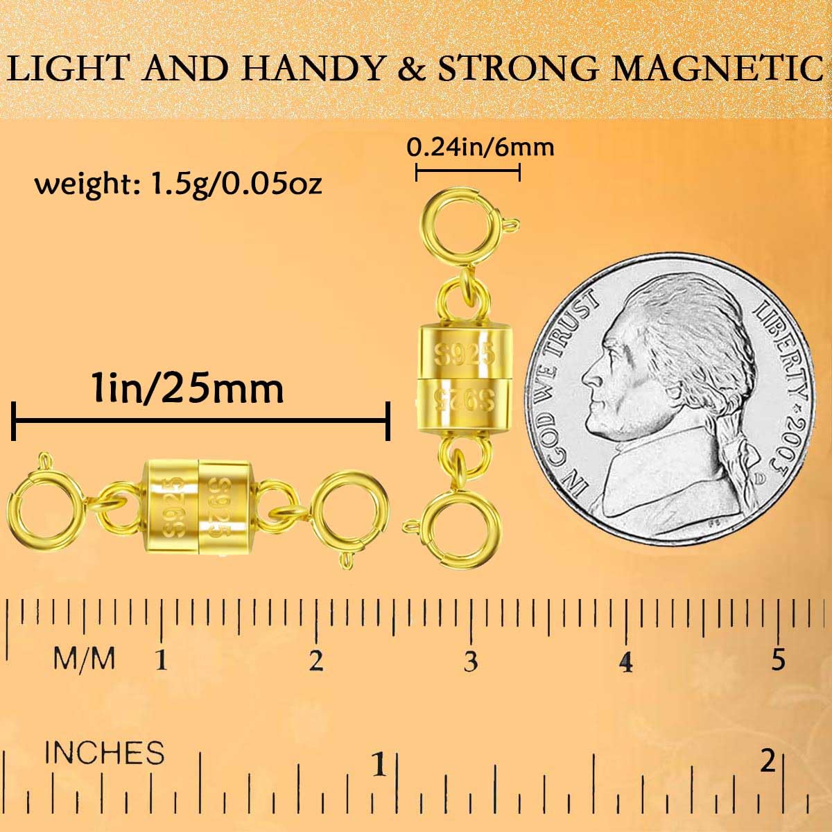 925 Silver Magnetic Necklace Clasps, Magnetic Necklace Clasps and Closures for Bracelet Necklace Extender (8pcs Gold)