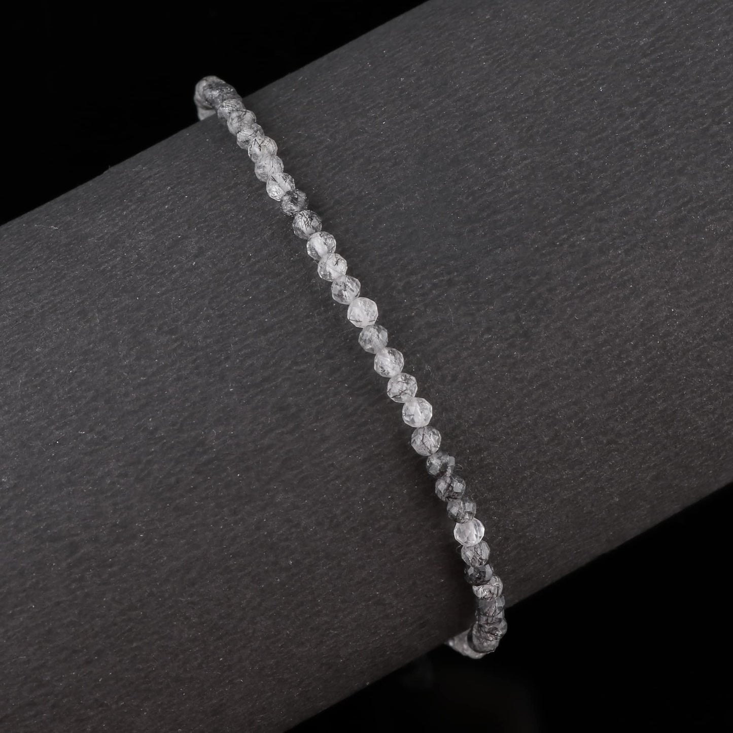 Gempires Handmade Black Rutilated Quartz Gemstone Beaded Bracelet for Women | 2.4–2.5 mm Faceted Natural Stone | Adjustable 7+1 Inch Silver Plated Chain | Dainty Minimalist Stacking Jewelry | Unique Crystal Gift