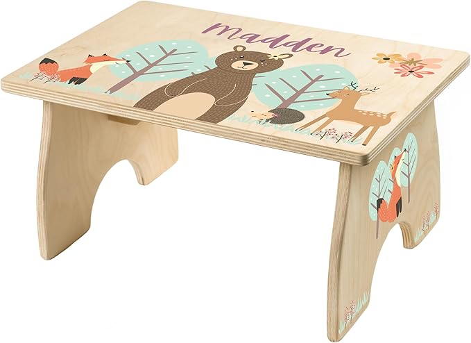 Step Stool for Toddlers- Personalized Wood Kids Step Stool with Name for Kitchen Sink, Bathroom, Potty Training, Toilet, Kitchen Sink- Sturdy and Safe- Made in USA by BloomOwl (Woodland- Girl)