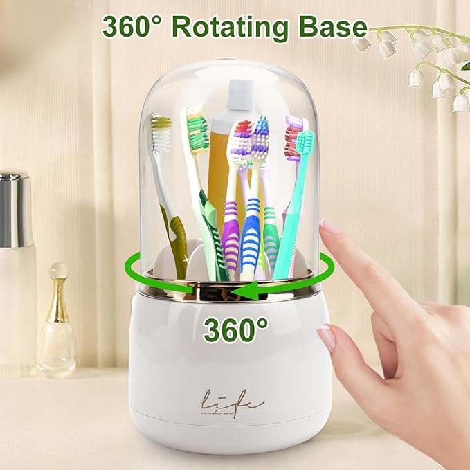 EEEKit Toothbrush Holder with Lid, 360° Rotating 7-Slot Organizer for Bathroom Countertop, Toothpaste Stand and Storage Rack