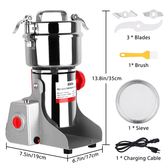Electric Grain Mill Grinder, 800g Stainless Steel Grain Mill, 3000W High Speed Commercial Grinder Machine, Pulverizer Spice Herb for Dry Grains Cereals Coffee Corn Pepper, Swing Type