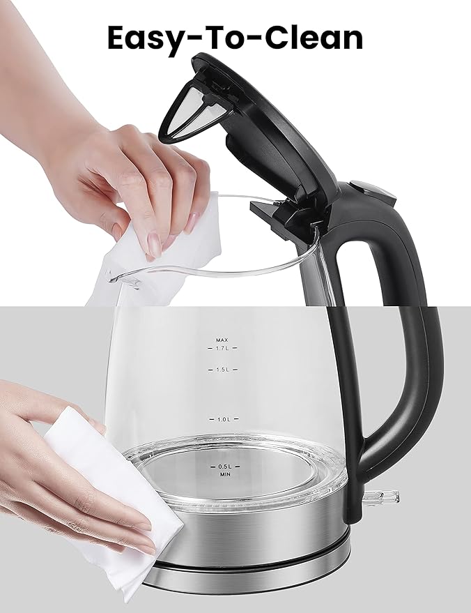 COMFEE' Glass Electric Tea Kettle & Hot Water Kettle Electric, 1.7L Electric Kettle with LED Indicator, 1500W Fast Boil, Auto Shut-Off and Boil-Dry Protection
