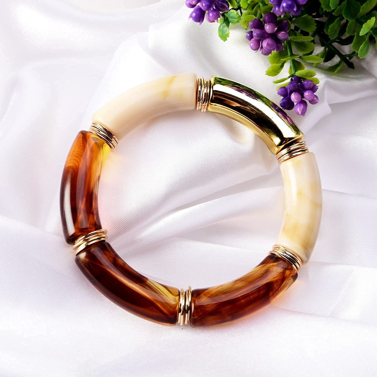 GOOJIDS Simple Beaded Gold Plated Bangles Bracelet Chunky Bamboo Tube Curved Stacking Clear Acrylic Colorful Beads Stretchable Gold Plated Bracelets Set For Women