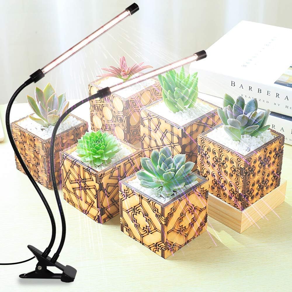 FloraBeam Plant Grow Light - 6000K Full Spectrum with Adjustable Red & White LEDs, 10-Level Dimming, USB Powered Clip-On Lamp for Indoor Plants, Timer Function (2 Head)