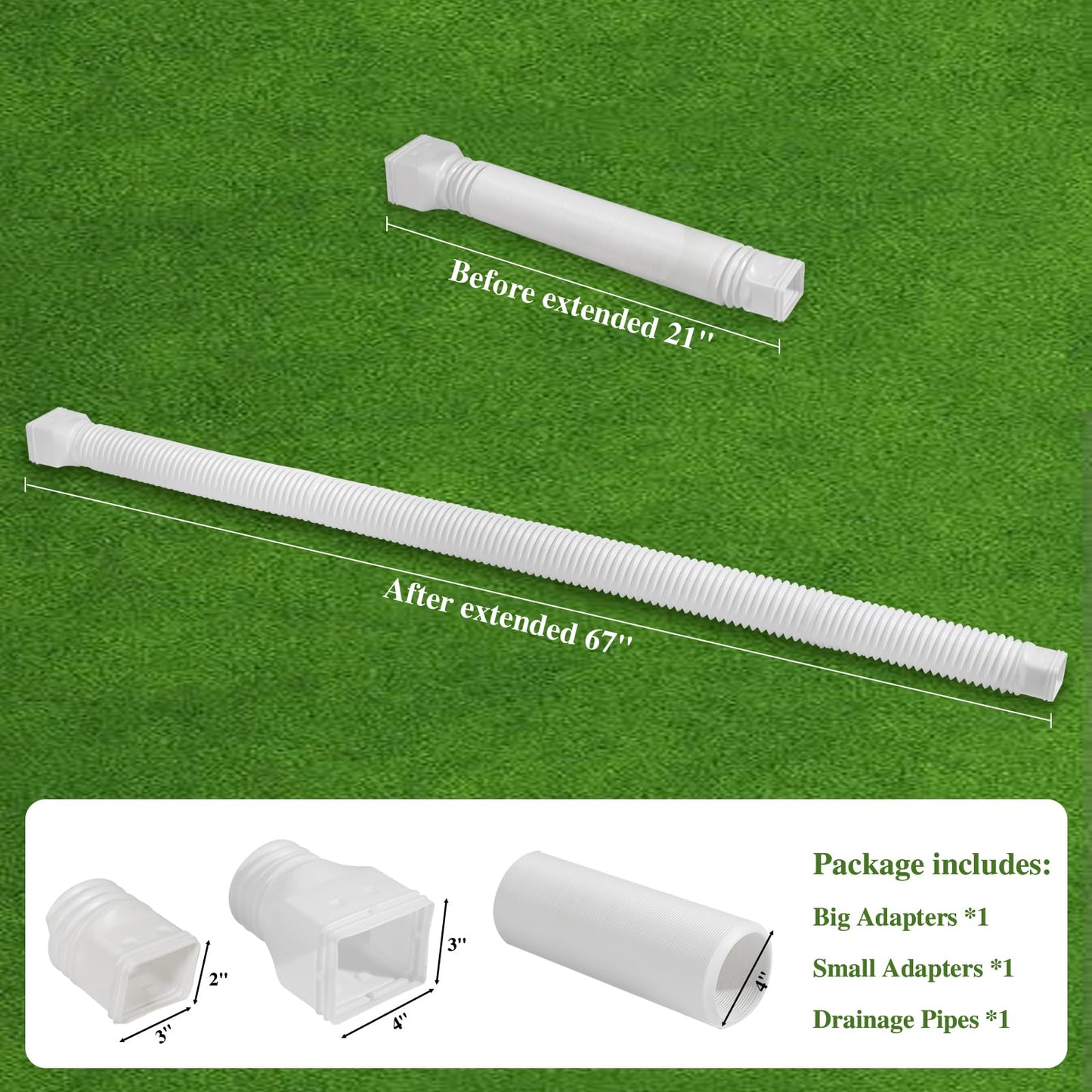 Gutterlix 1 Pack Flexible Gutter Downspout Extensions Extendable from 21" to 67", Downspout Extender Comes with Adapters, Thickened Down spout Drain Extension for Rainwater Drainage(White)