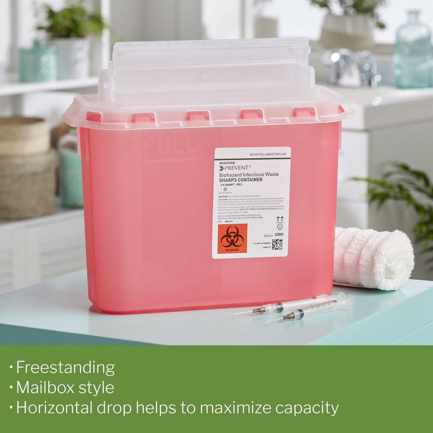 McKesson Prevent Sharps Container for Home Use, 5.4 Quart - for Biohazard Infectious Waste, Needle and Syringe Disposal - Translucent, Touchless Lid - Red, 20 Count