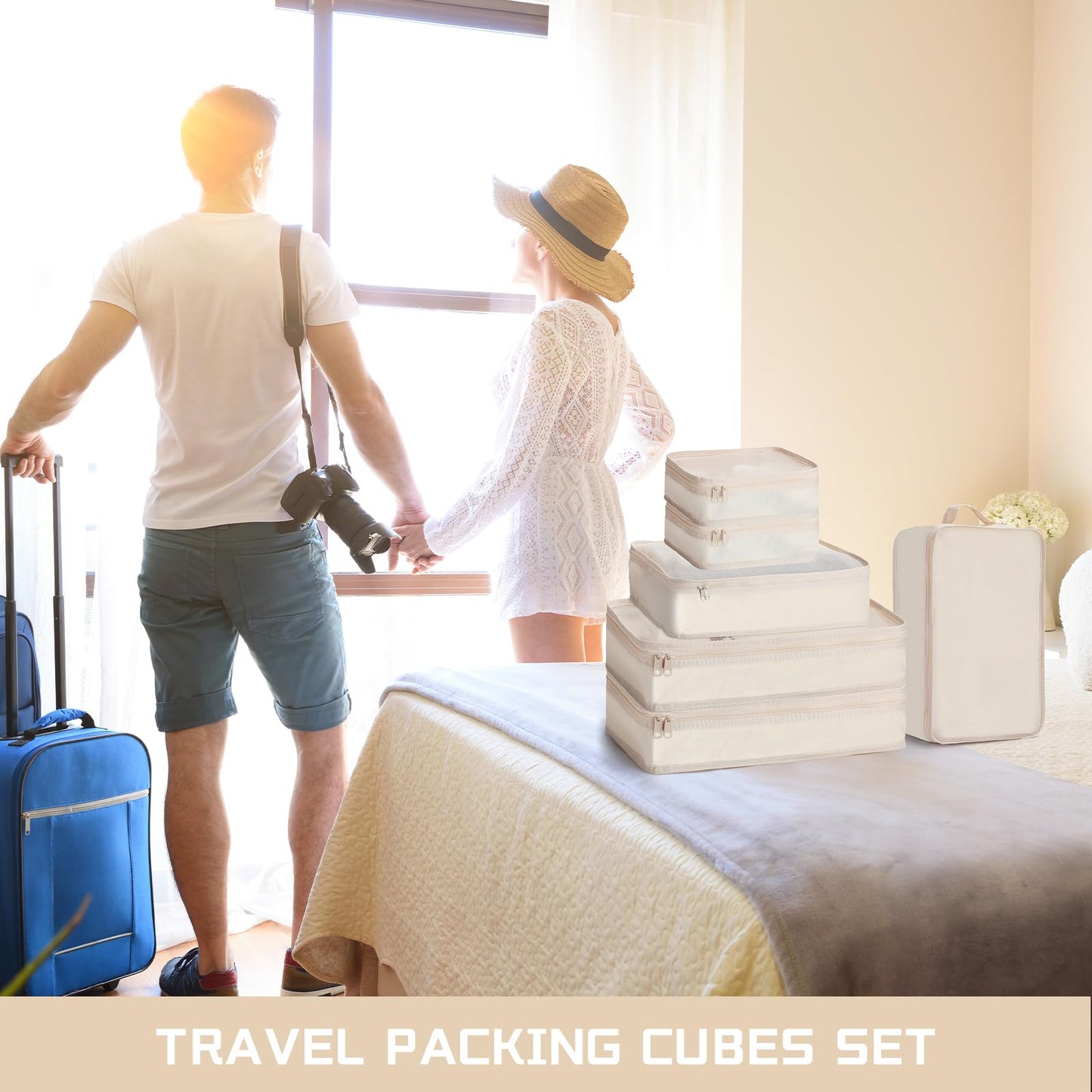 Reginary 1 Pack 6 Set Travel Packing Cubes Luggage Organizer Set Lightweight Suitcase with Shoe Bag for Clothes Toiletries (Beige)