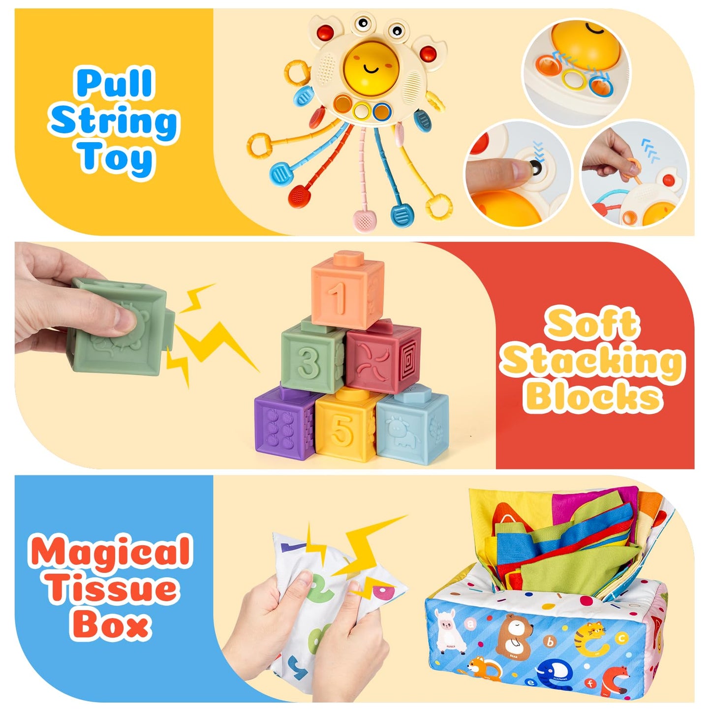 GJOF2YK 6 in 1 Montessori Toys for Babies Newborn Stacking Block Soft Infant Ring Shape Learning Sensory Bin Pull String Teething Toy Tissue Box for Toddlers 18M+ 2 3 Year Old Boy Girl Gift