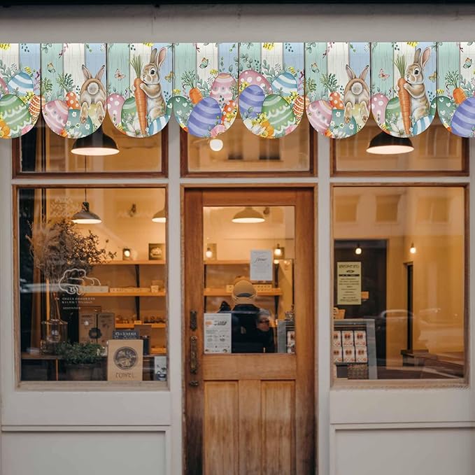 Easter Banner 4Pcs Indoor Outdoor Hanging Banner Flag Spring Rabbit Eucalyptus Leaves Eggs Wooden Sign for Fireplace Mantel Decorative Bunting Garland Valance for Shop Door Mantle Decor 9.8"x15.8"