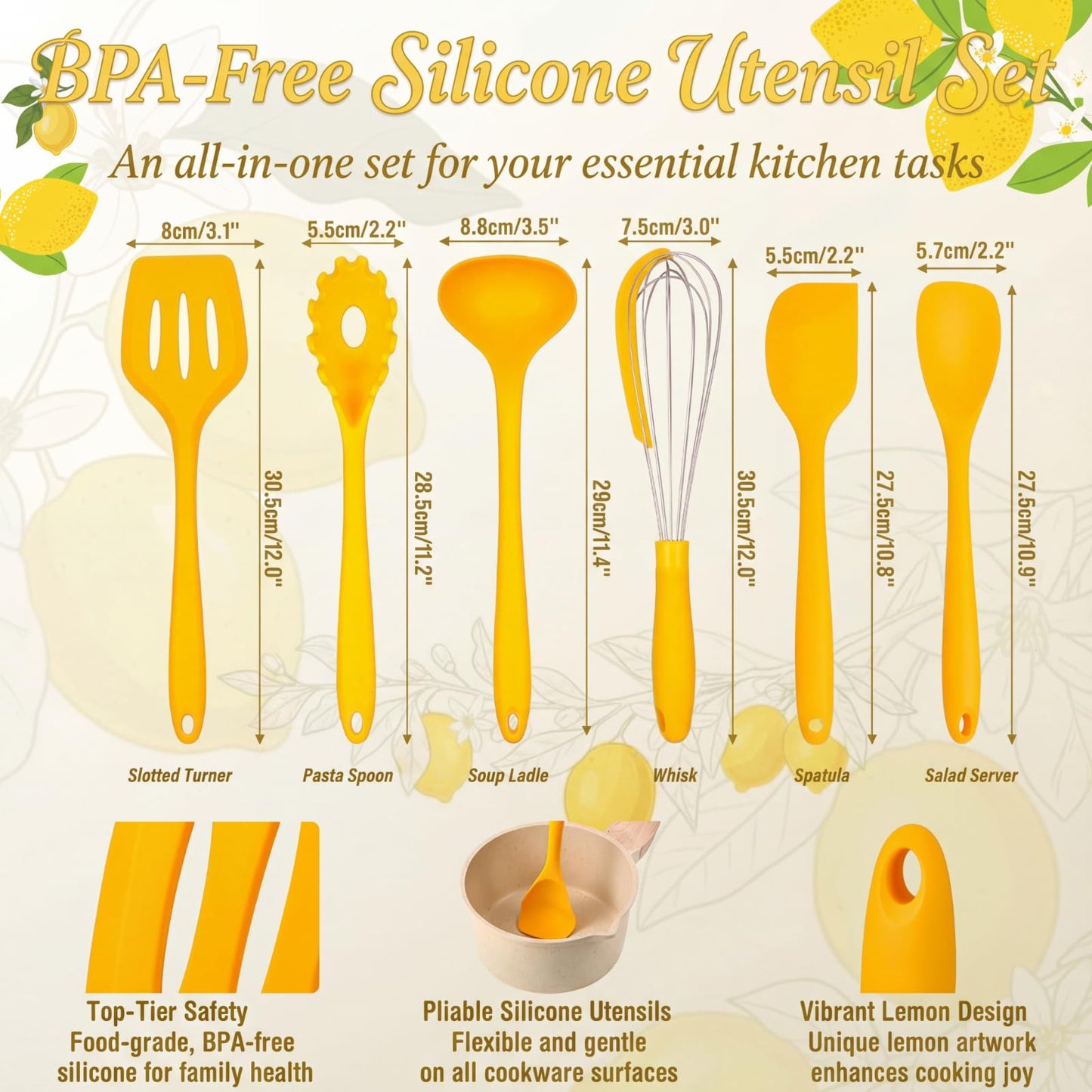 Ferrochef 7 Pcs Lemon Kitchen Decor and Accessories Silicone Cooking Utensils Set with Crock Organizer Heat Resistant Tools Set Slotted Turner Pasta Spoon Soup Ladle Whisk Spatula Salad Server