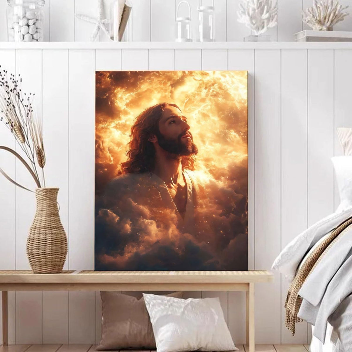 Framed Canvas Jesus Divine Glory Wall Decor Wall Art Gallery Decoration Unique Print Wall Decor for Living Room Bedroom Church Home Decor 16x24 Inch Ready to Hang