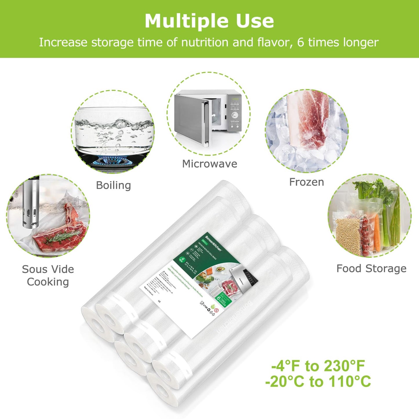 Bonsenkitchen Vacuum Sealer Rolls Bags, 6 Pack 3 Rolls 11" x 20' + 3 Rolls 8" x 20' Commercial Grade BPA Free Bag Rolls, Durable Customized Size Food Vac Bags for Storage and Sous Vide Cooking VB3211
