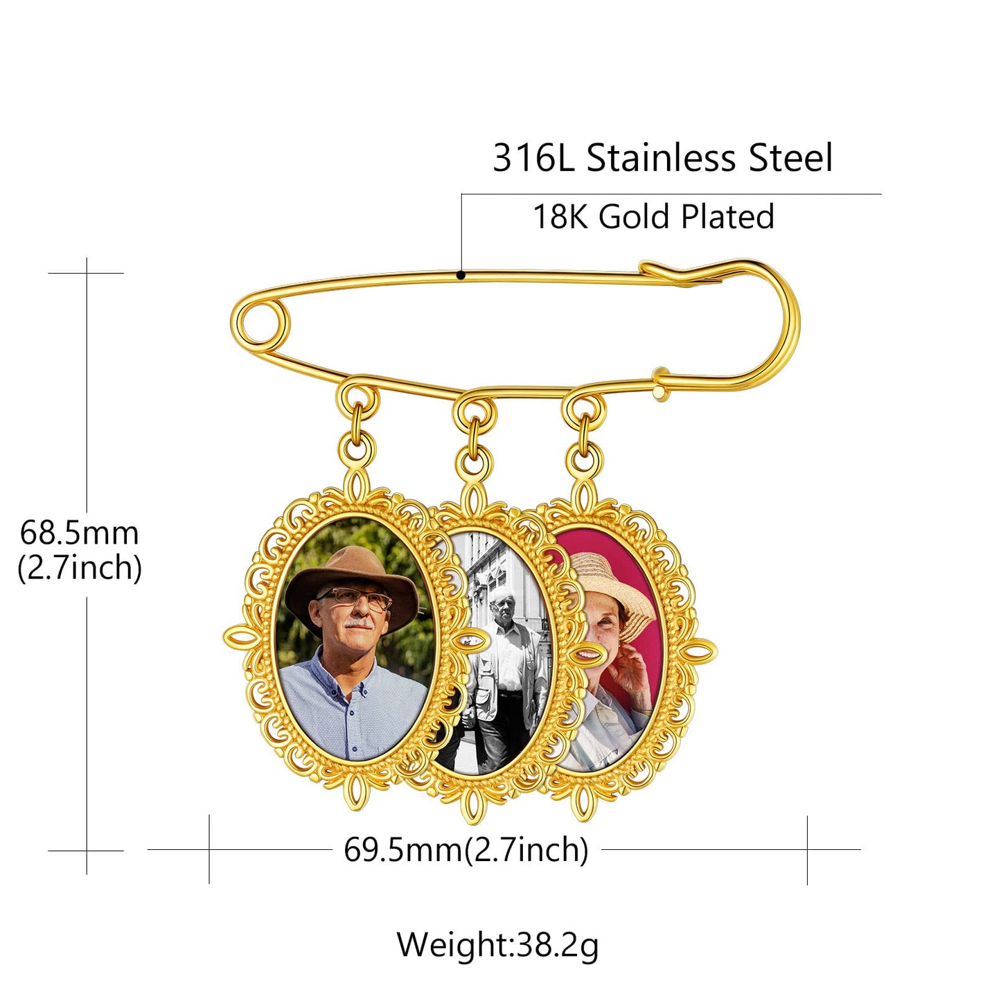 Custom4U Wedding Charms for Bouquet Custom 3 Picutres Customized Photo Pins Oval Shaped Memory Charm Funeral Boutonniere