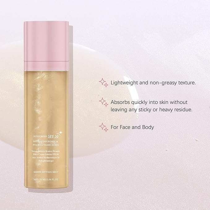 SPF Setting Spray for Face & Body - Sheer Sunscreen Mist SPF 50, Makeup-Friendly Setting Mist with Hydrating Glow, Reef-Safe & Non-Greasy for Beach, Wedding, Daily Wear (1)