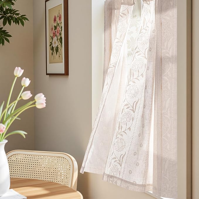 jinchan Winslow Linen Curtains 45 Inch Length Small Window Curtains Embroidered Bordered Floral Drapes Light Filtering for Bathroom Laundry Room Kitchen Farmhouse Decor White on Beige 2 Panels