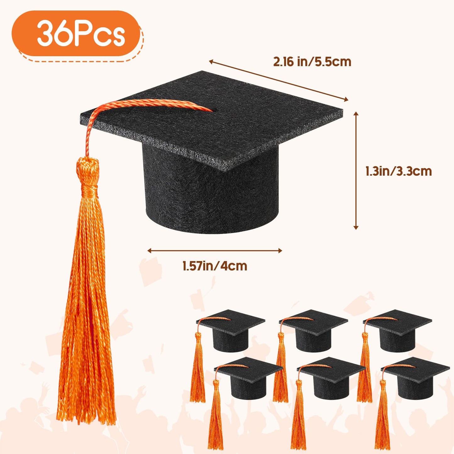 36 Pieces 2026 Mini Graduation Caps with Tassels Graduation Wine Bottle Toppers(Black Cap with Orange Tassel)