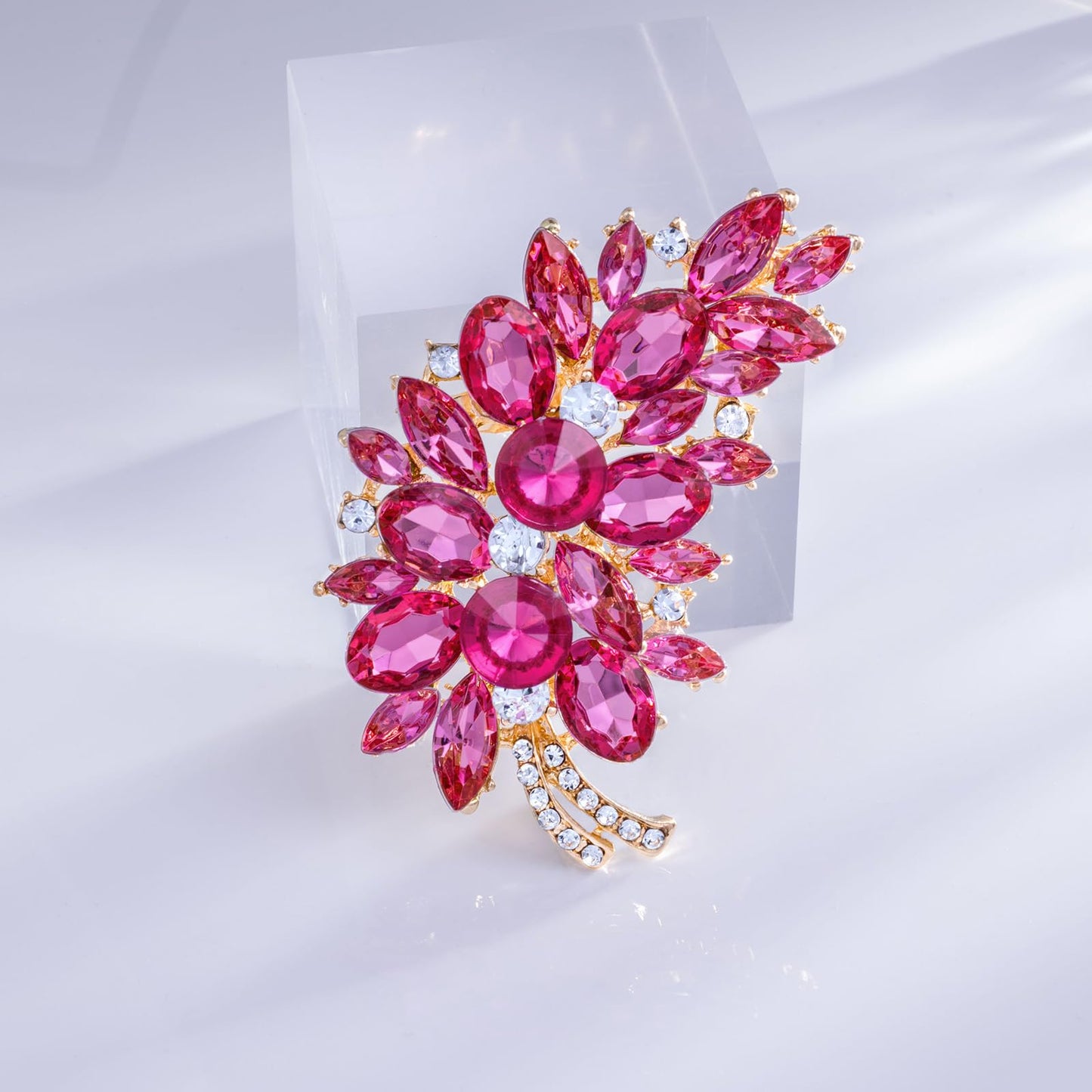 LAXPICOL Vintage Pink Austrian Crystal Flower Leaf Bouquet Clusters Large Big Brooch Pin For Women Jewelry