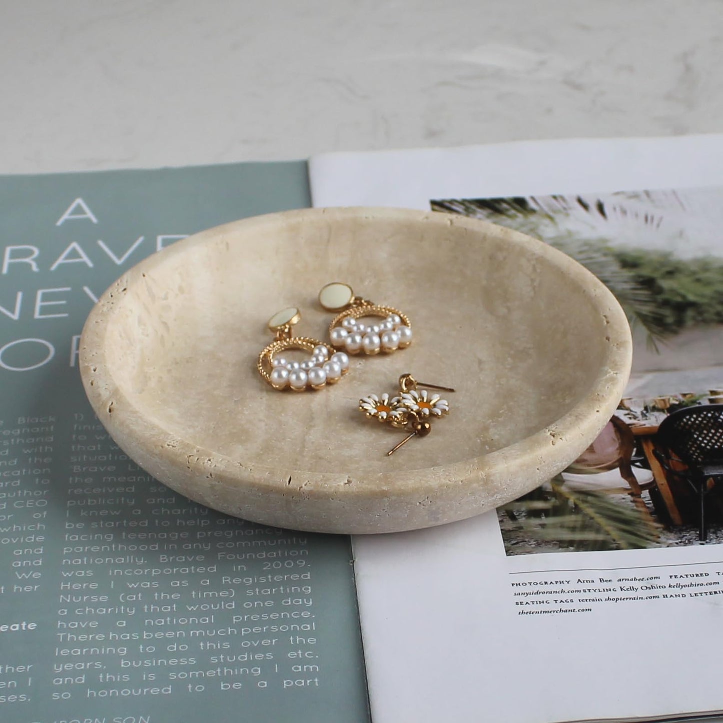 Nawgnail Natural Travertine Marble Jewelry Dish 5.5", Trinket Dish for Ring Earring, Gift for Woman Daugther(Beige Travertine)