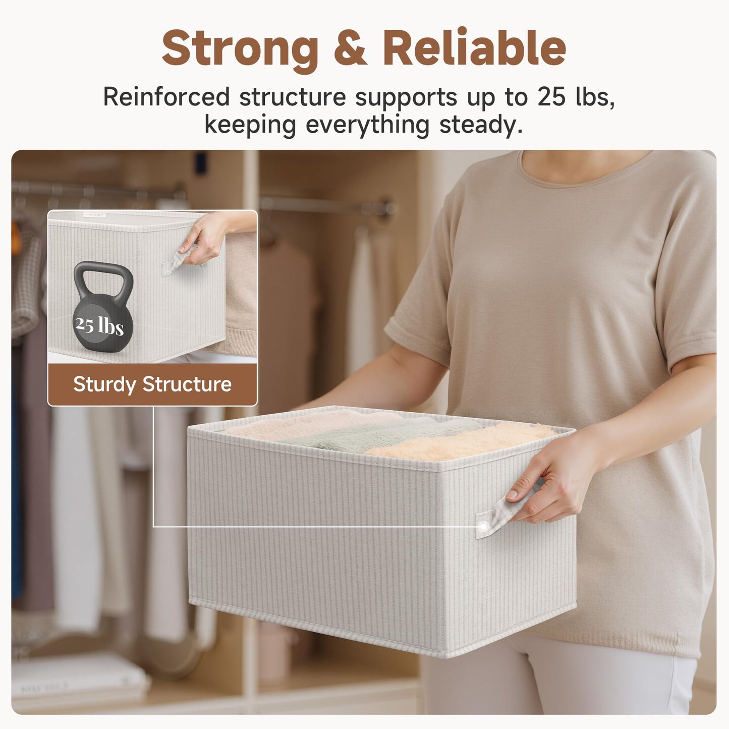 StorageWorks Foldable Shelf Organizer Bins, Closet Storage Baskets for Clothes, Fabric Storage Bins for Shelves, Beige Stripes, 3-Pack, Large