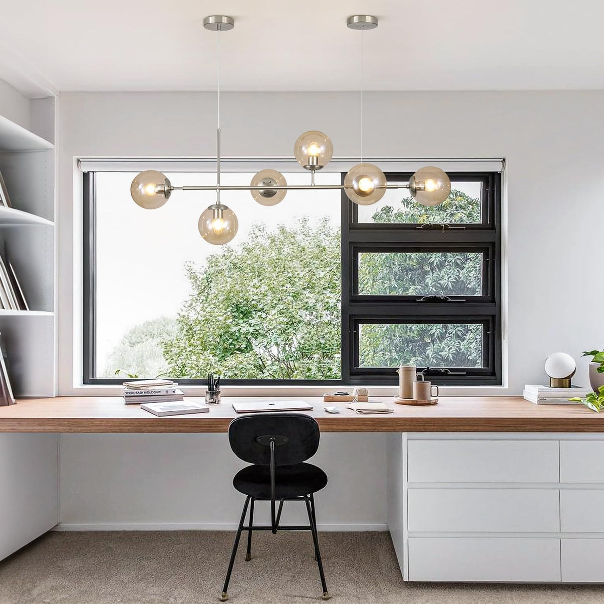 KCO Lighting Mid Century Modern Rectangle Light Fixture 6-Light Glass Globe Linear Chandelier Brushed Nickel Pendant Light Fixture Adjustable Kitchen Island Lighting (Silver+Amber)