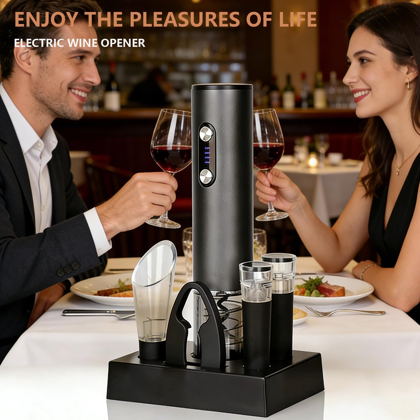 Rechargeable Electric Wine Opener 7-in-1 Gift Set, Automatic Wine Bottle Opener with Charging Base, Foil Cutter, Aerator Pourer & 2 Vacuum Stoppers for Wine Lovers