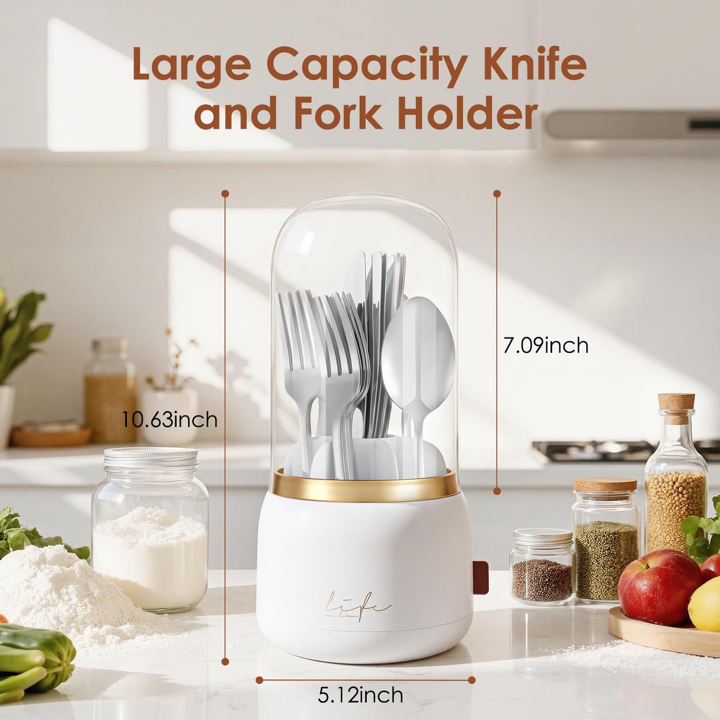 EXIN DECHEN 360° Rotation Silverware Organizer for Kitchen Counter,Utensil Holder Caddy Silverware Caddy Holder for Party,Spoon and Fork Organizer,7 Slots and Intermediate Drainage Device with Cover