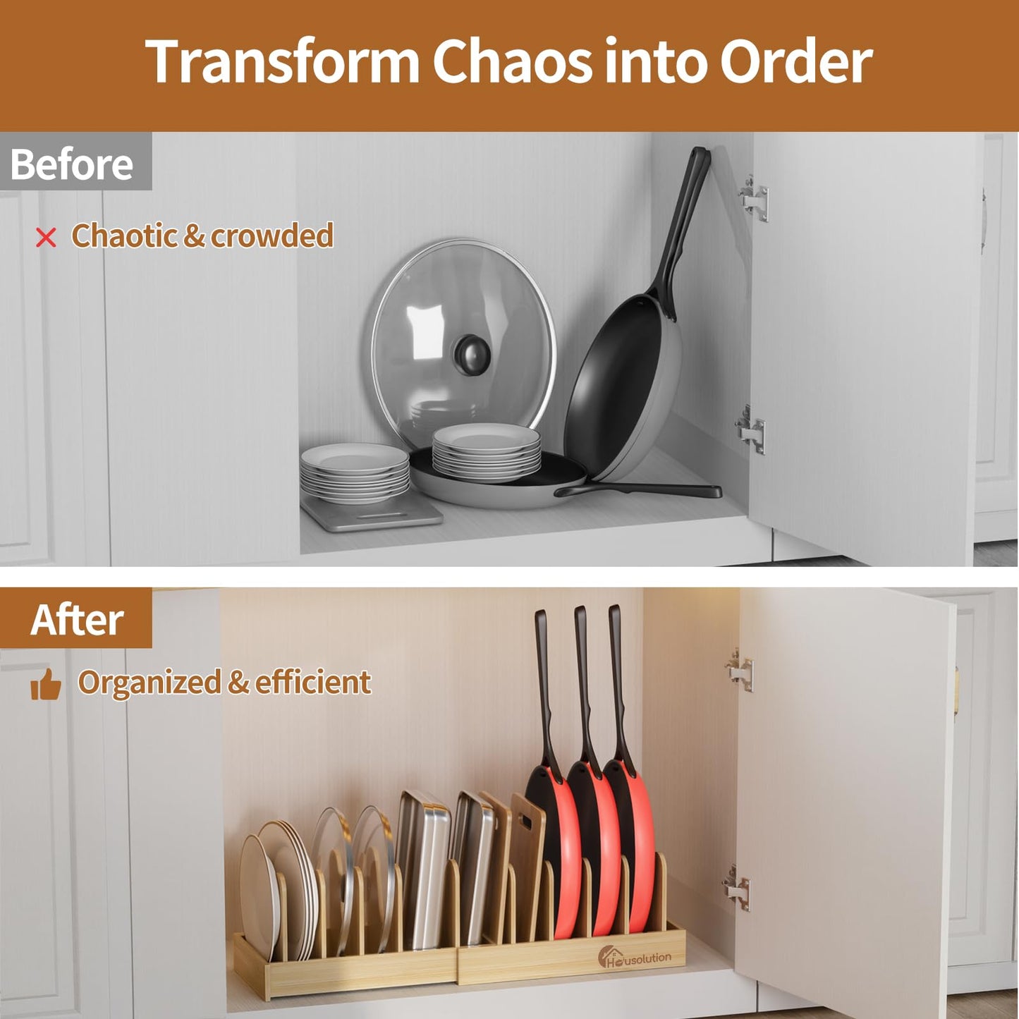 Housolution Bamboo Pot and Pan Organizer for Cabinet, 15"-29" Expandable Pot Lid Organizer with 10 Adjustable Dividers, Pan Holder Storage Rack with Solid Bamboo Wooden Base