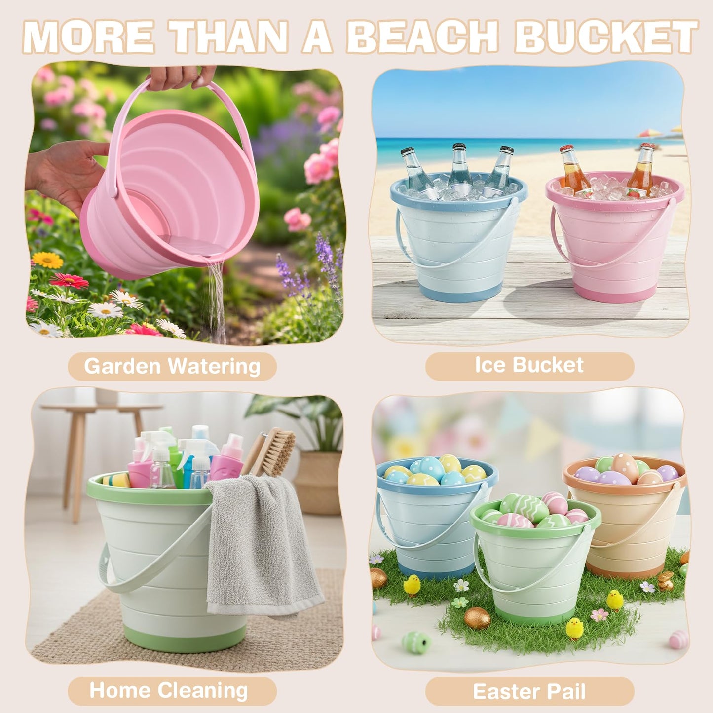 Dreamon Beach Toys, 4 Pack Collapsible Sand Buckets for Kids, Shovels & Rakes Set with Mesh Bag, Kids Beach Essentials Sandcastle Building Kit for Beach Trip Outdoor Play and Summer Fun