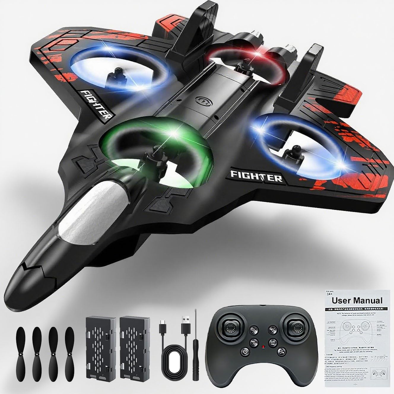 RGIMF Foam Remote Control Airplanes, RC Planes with Light, RC Airplane Fighter Jet, 360° Flip, Stunt Roll, Drones for Men, Remote Control Plane (Red)