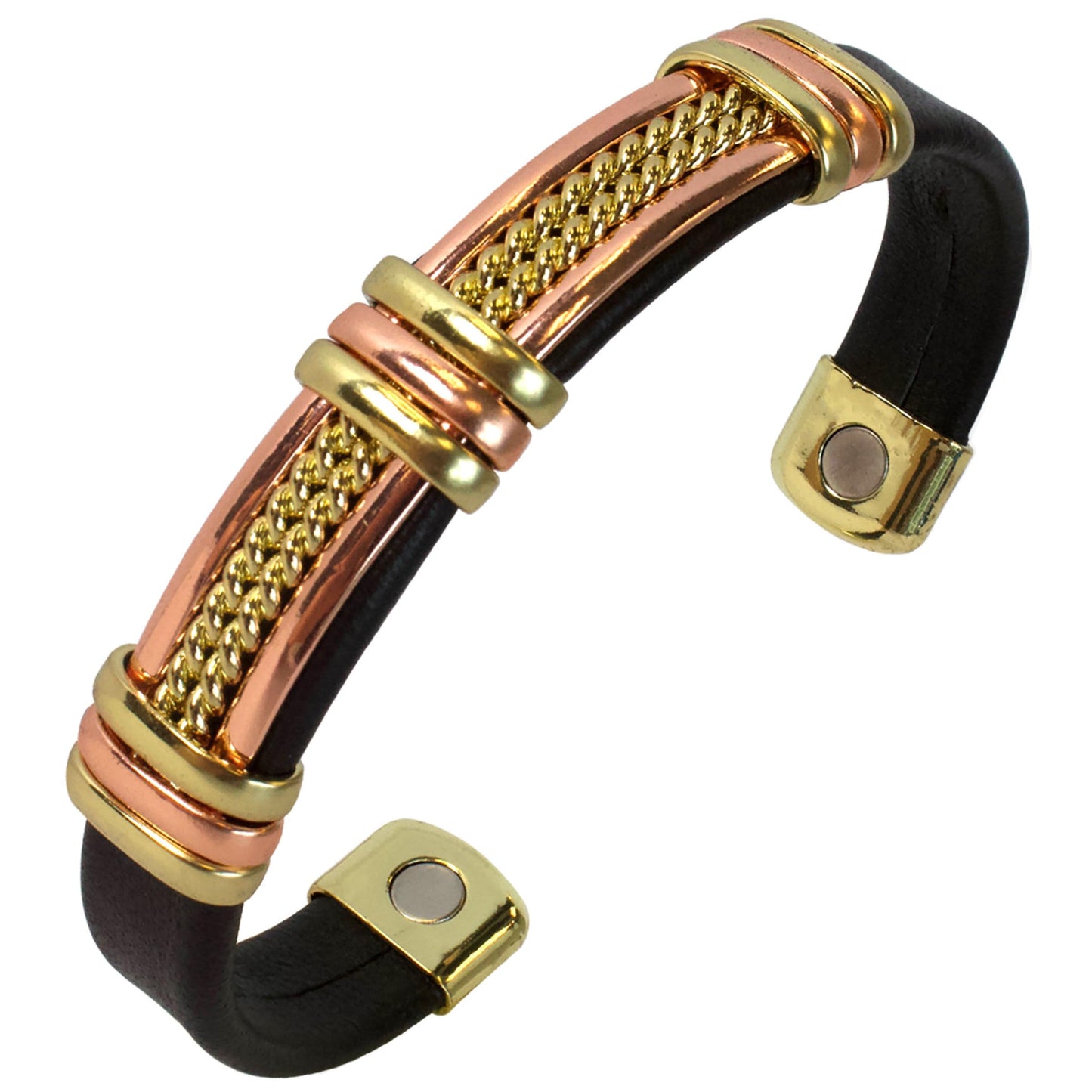 Chain Pattern Copper and Gold Leatherette Magnetic Healing Bracelet - Motorcycle Bracelet for Men and Women - Adjustable Sizing