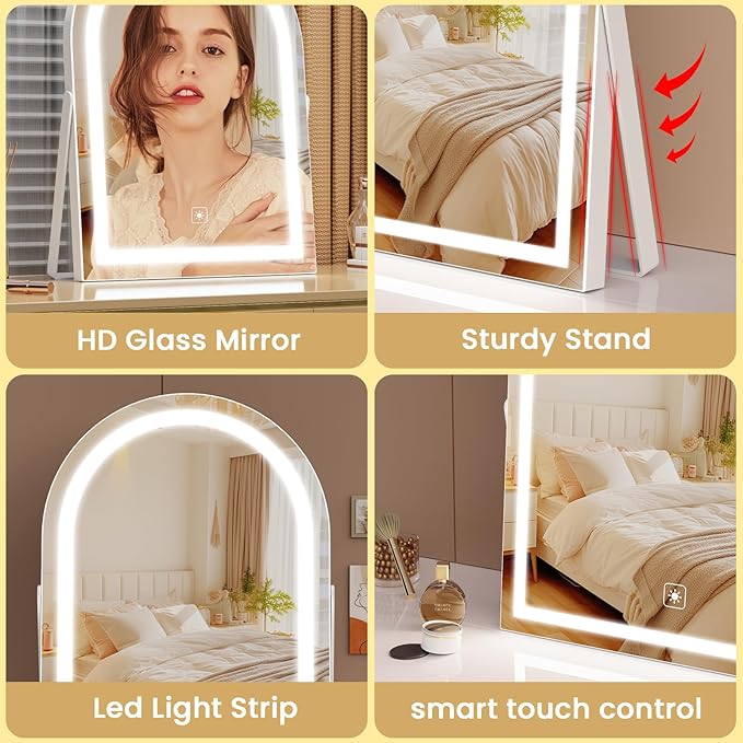 Vanity Mirror with Lights, 16" Light Up Makeup Mirror, LED Makeup Mirror with Lights for Bedroom Tabletop, Smart Touch Control 3 Colors Dimmable, 360° Rotation