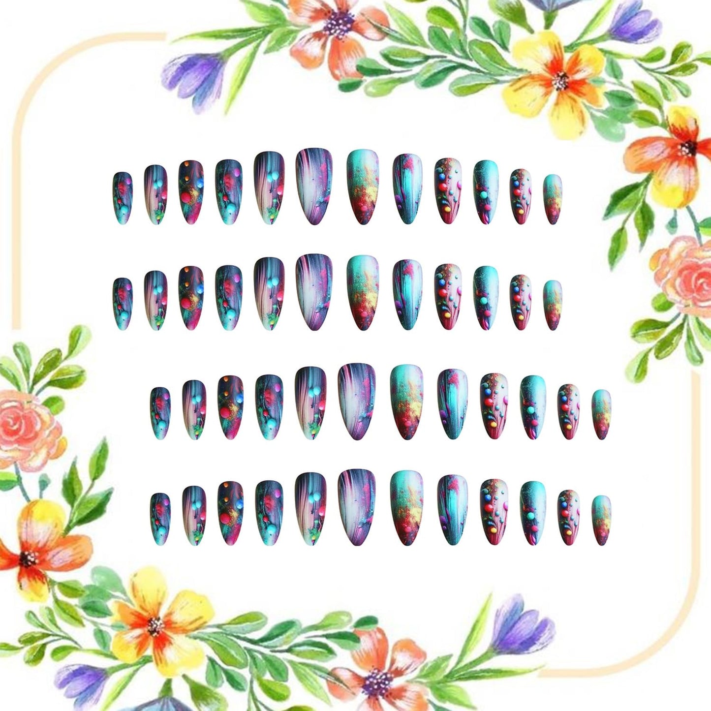CJDLTSPress on Nails Medium Almond Shaped Colorful Balls Pattern Design Gradient Smudge False Nail Full Cover Almond Stick on Nails Press Ons with Arificial Acrylic Glue on Nails for Women 24Pcs