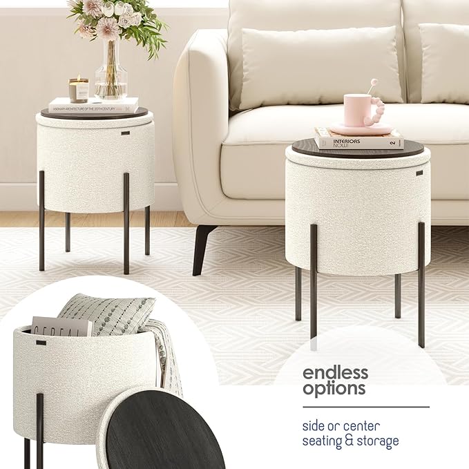 STORAGEBUD Round Ottoman with Storage, Boucle Storage Foot Stool, Makeup Vanity Stool, Small Ottoman Foot Rest, Modern Ottomans for Living Room and Bedroom, White