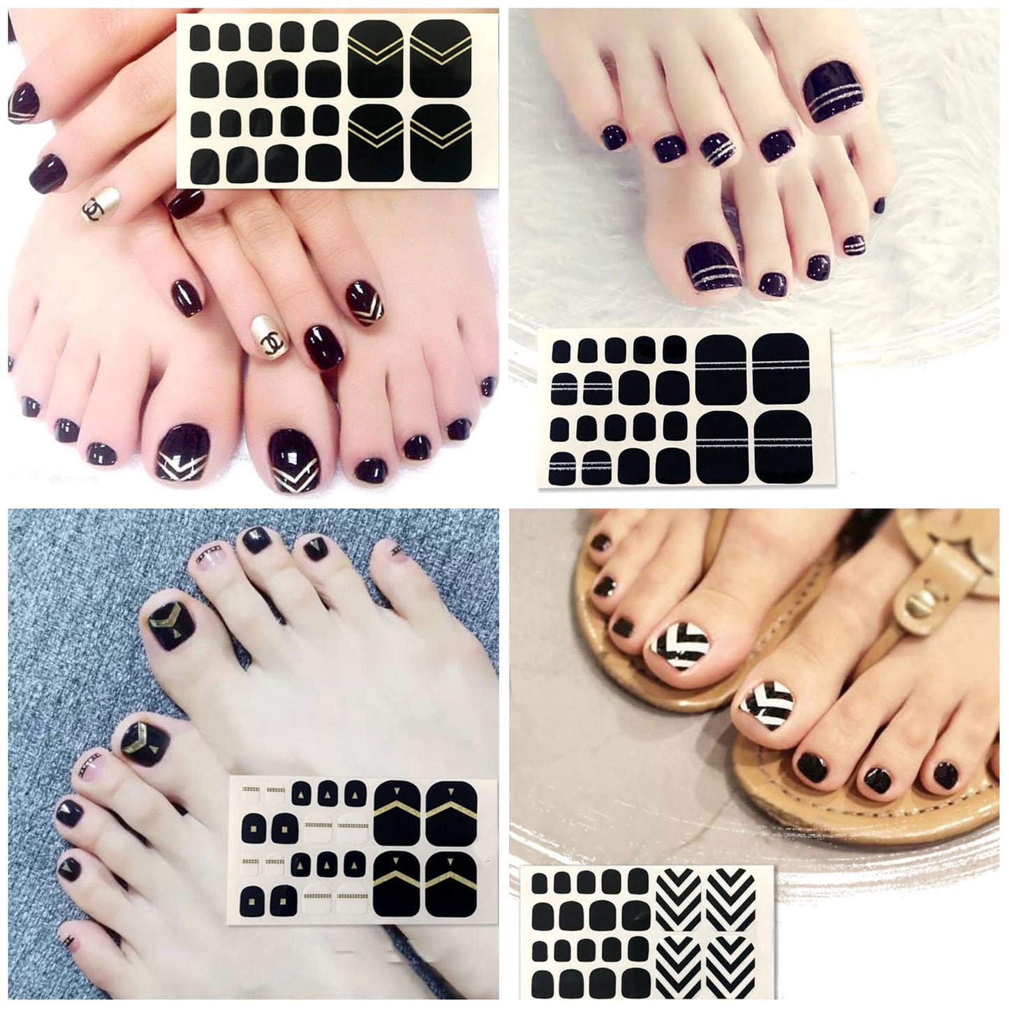 SILPECWEE Toe Polish Strips - Black Full Wraps for Women, Self Adhesive Stickers, Gel Strips for Toenails Decoration With Nail File (20 Sheets)