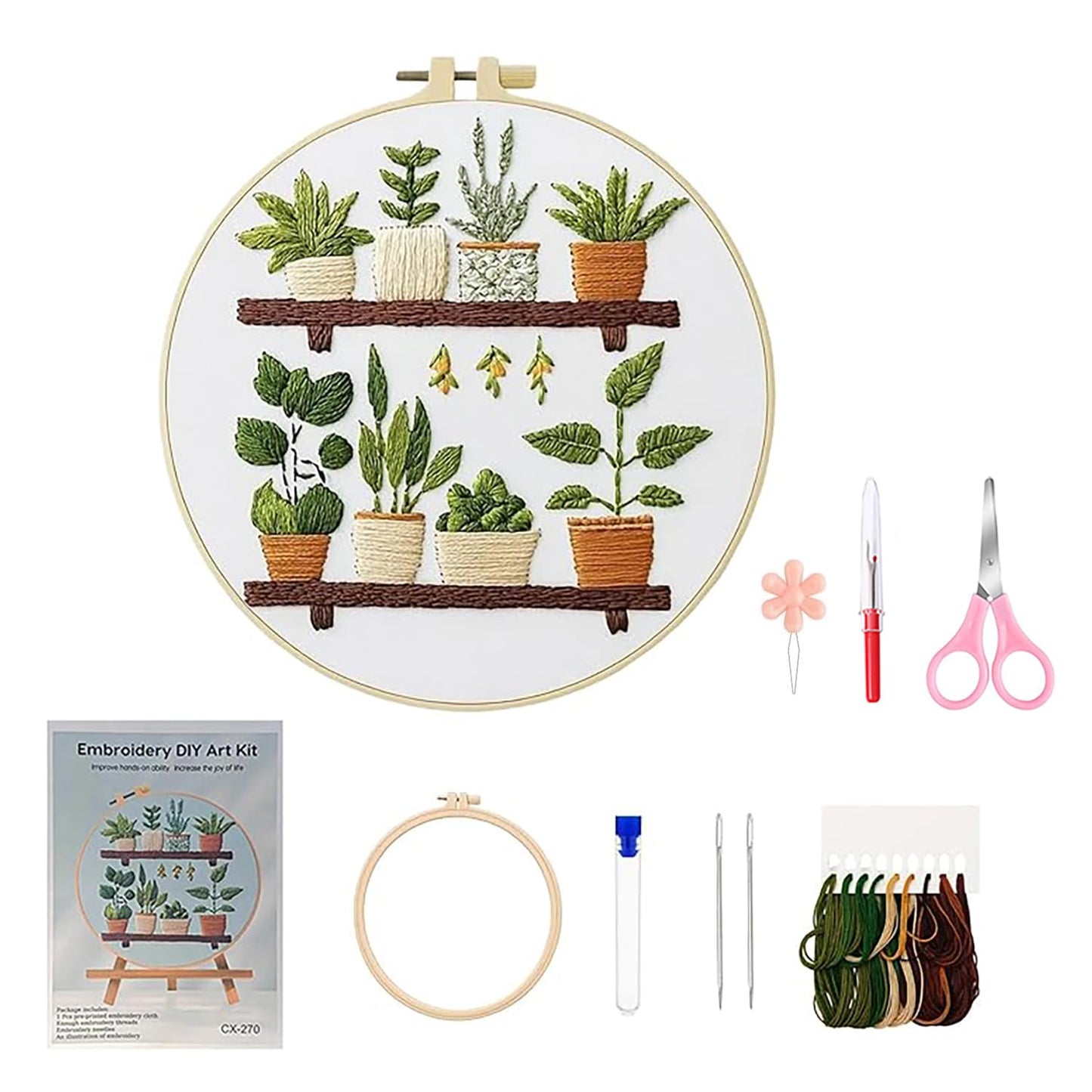 JINJUMEI Embroidery Kit for Beginners, Full Range Embroidery Kit for Adult, Green Plant Pattern Embroidery Kit for Beginners Include Embroidery Cloth Hoops Threads for Embroidery Beginners