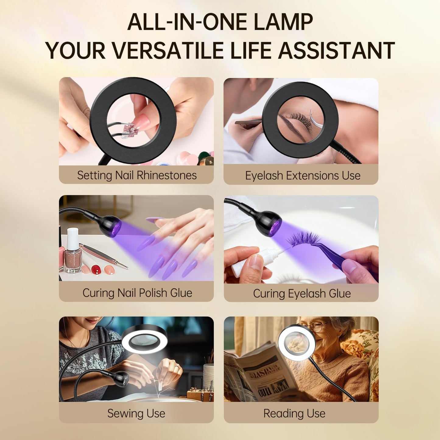 AORAEM LED UV Nail Lamp: Double-Headed Gooseneck UV Lamp for Gel Nails, LED Flash Cure Lamp with 6X Magnifier Home DIY Salon, Black